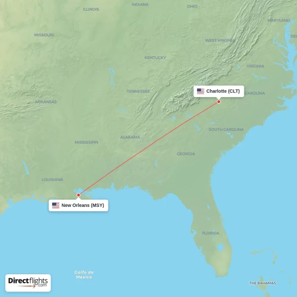 New Orleans - Charlotte direct flight map