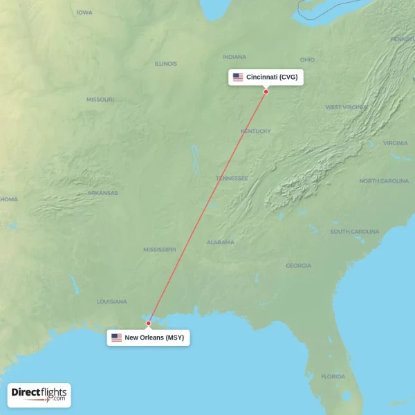 New Orleans - Cincinnati direct flight map