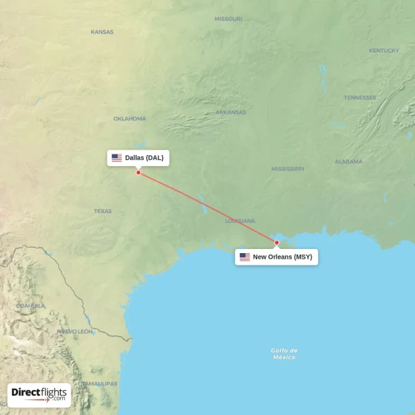 New Orleans - Dallas direct flight map