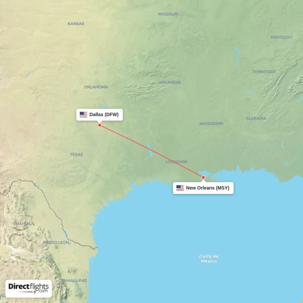 New Orleans - Dallas direct flight map