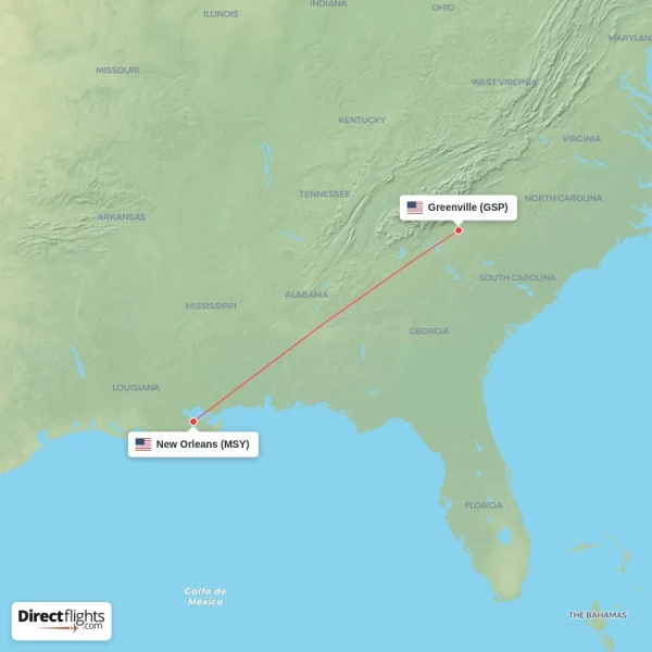 New Orleans - Greenville direct flight map