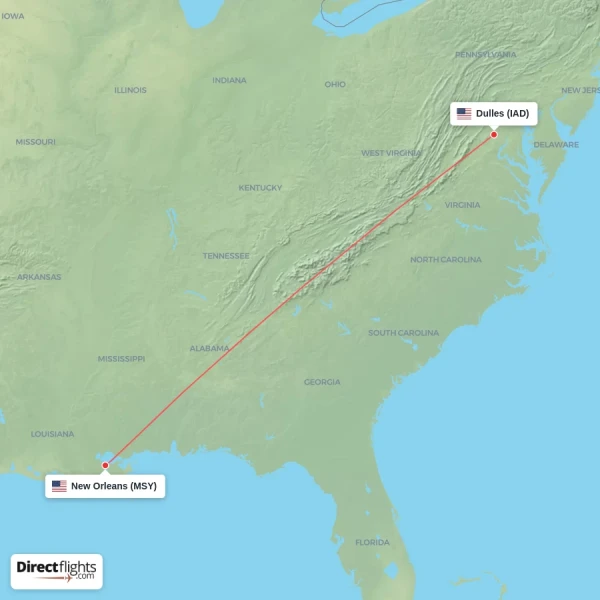 New Orleans - Dulles direct flight map