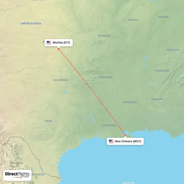 New Orleans - Wichita direct flight map