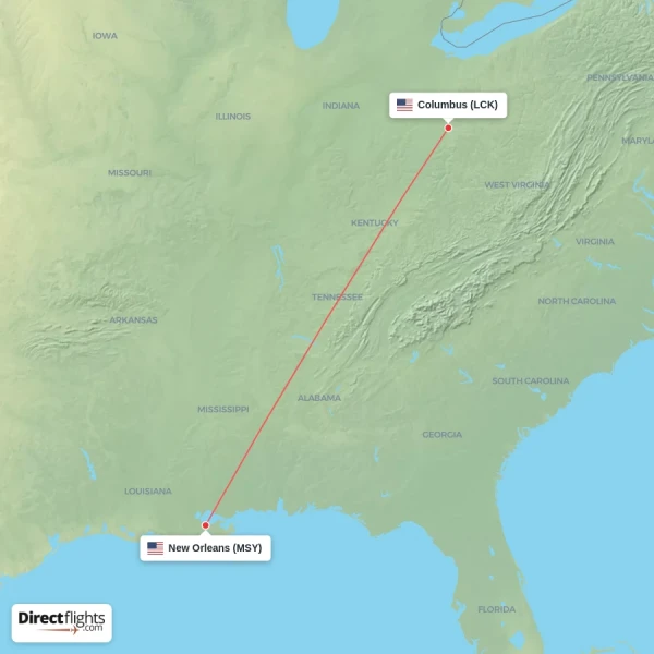 New Orleans - Columbus direct flight map