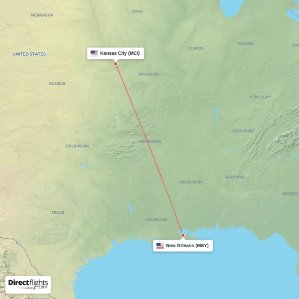 New Orleans - Kansas City direct flight map