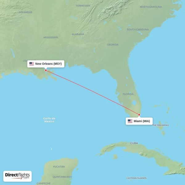 New Orleans - Miami direct flight map