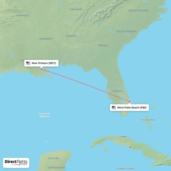 New Orleans - West Palm Beach direct flight map