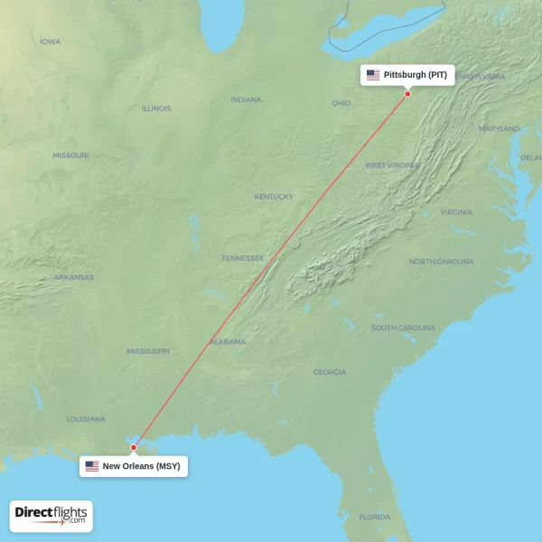 New Orleans - Pittsburgh direct flight map