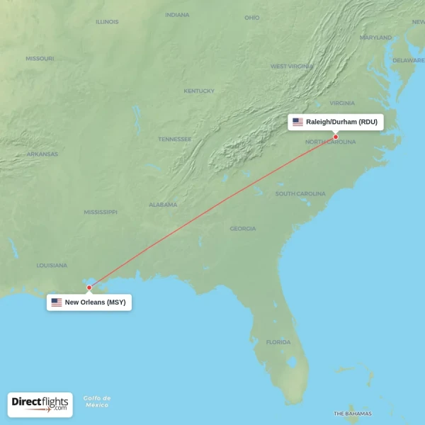 New Orleans - Raleigh/Durham direct flight map