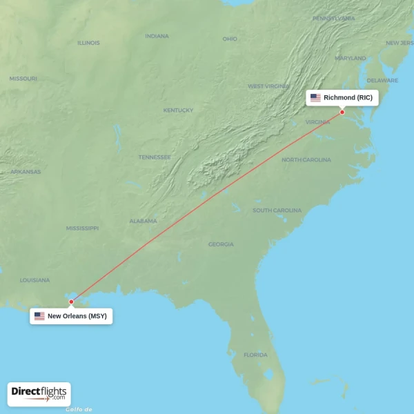New Orleans - Richmond direct flight map