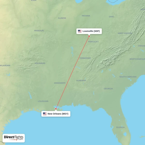 New Orleans - Louisville direct flight map