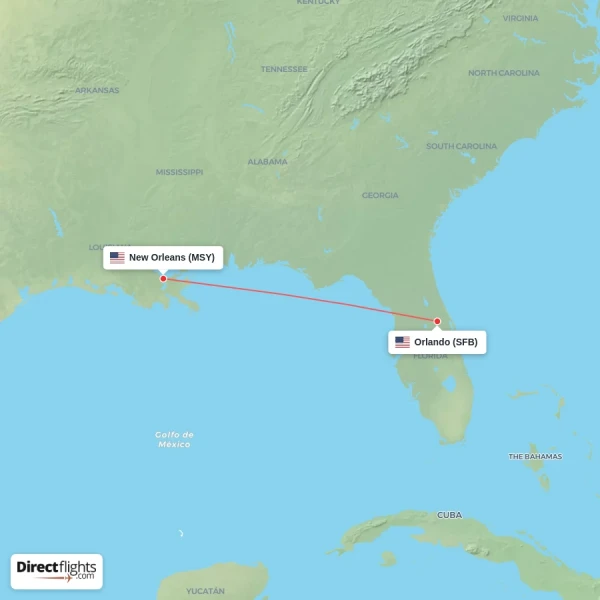 New Orleans - Orlando direct flight map