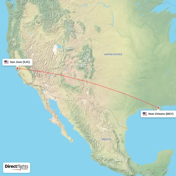 New Orleans - San Jose direct flight map