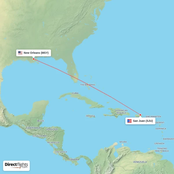 New Orleans - San Juan direct flight map