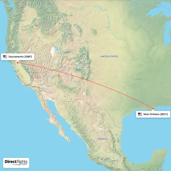 New Orleans - Sacramento direct flight map