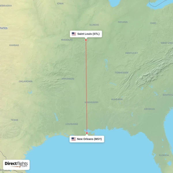 New Orleans - Saint Louis direct flight map