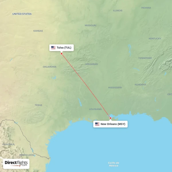 New Orleans - Tulsa direct flight map