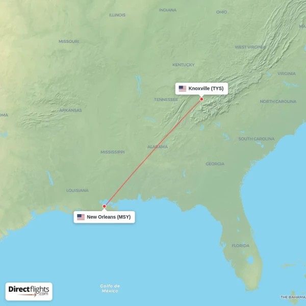 New Orleans - Knoxville direct flight map