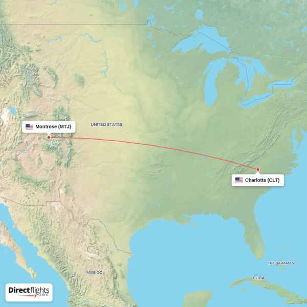 Montrose - Charlotte direct flight map