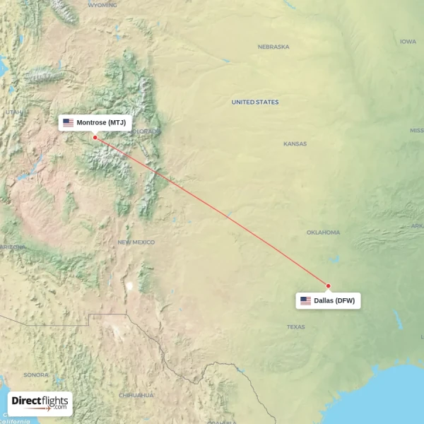 Montrose - Dallas direct flight map
