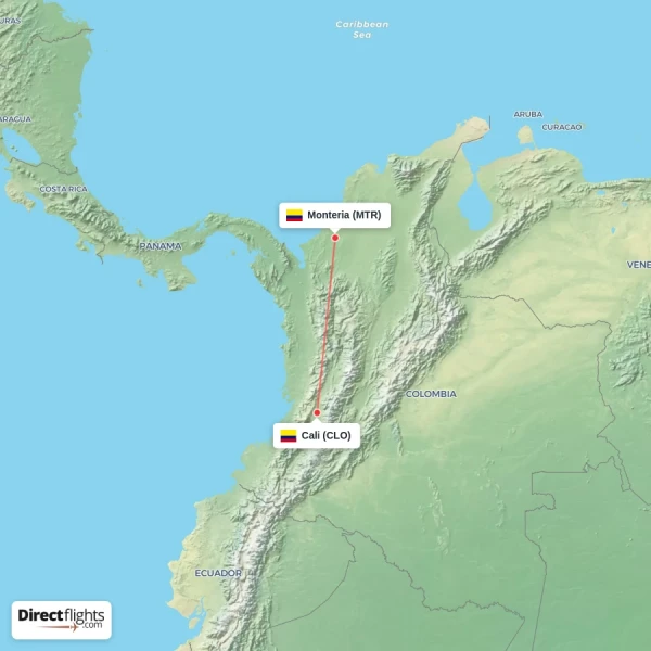 Monteria - Cali direct flight map