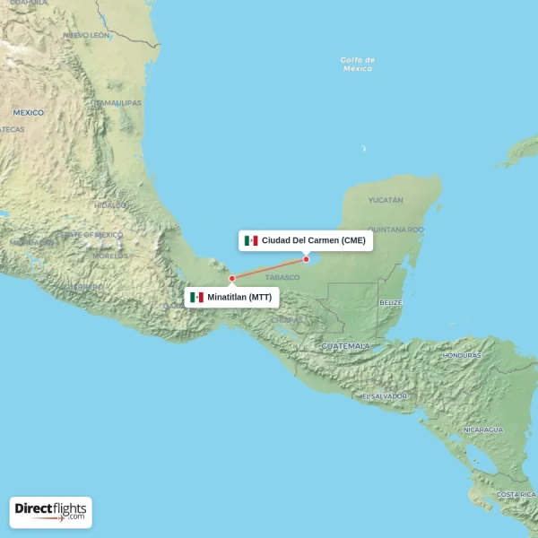 Minatitlan - Ciudad Del Carmen direct flight map