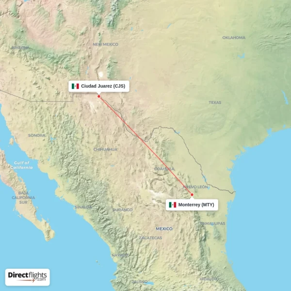 Monterrey - Ciudad Juarez direct flight map