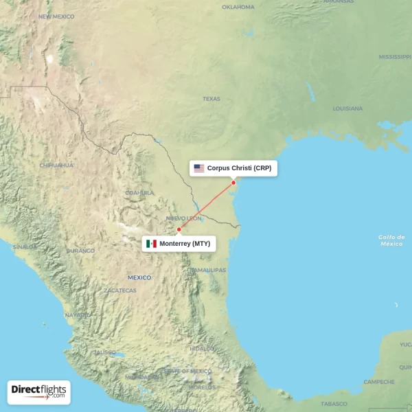 Monterrey - Corpus Christi direct flight map