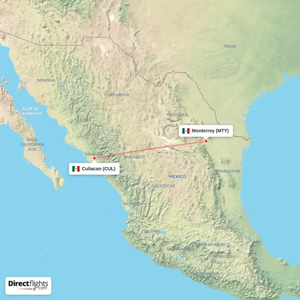 Monterrey - Culiacan direct flight map