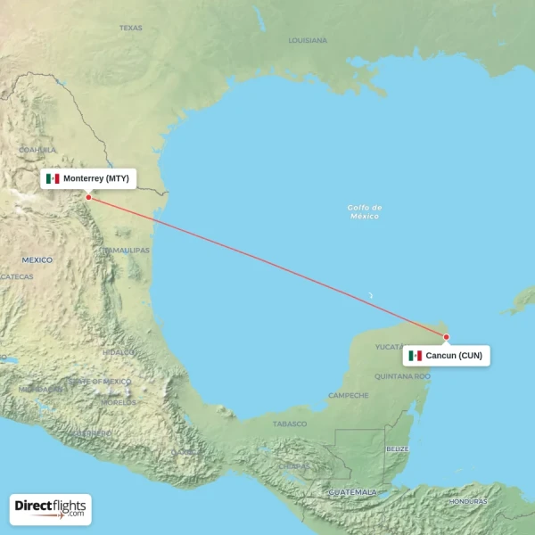 Monterrey - Cancun direct flight map