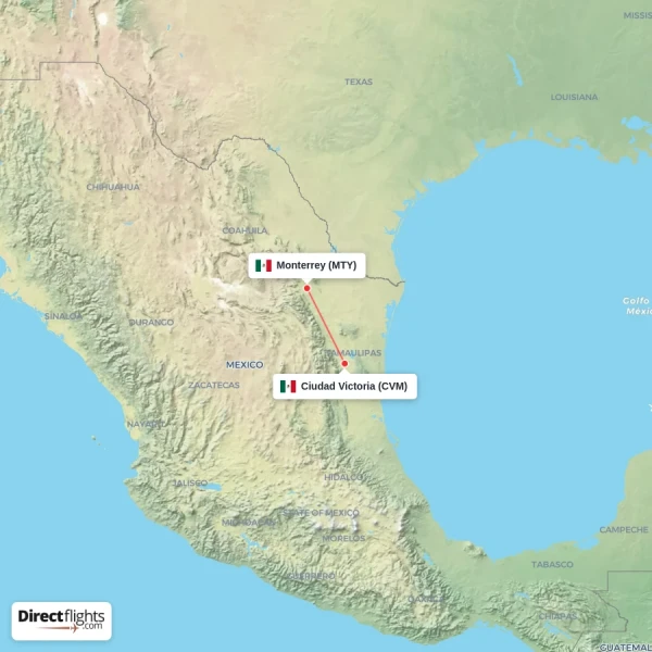 Monterrey - Ciudad Victoria direct flight map