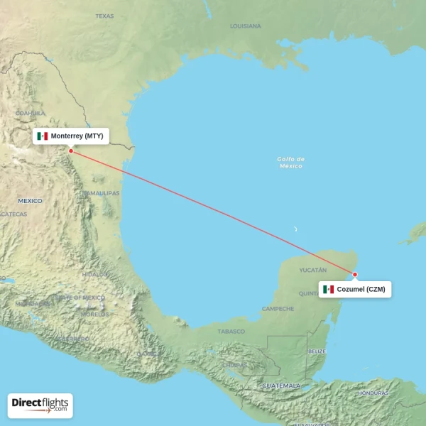 Monterrey - Cozumel direct flight map