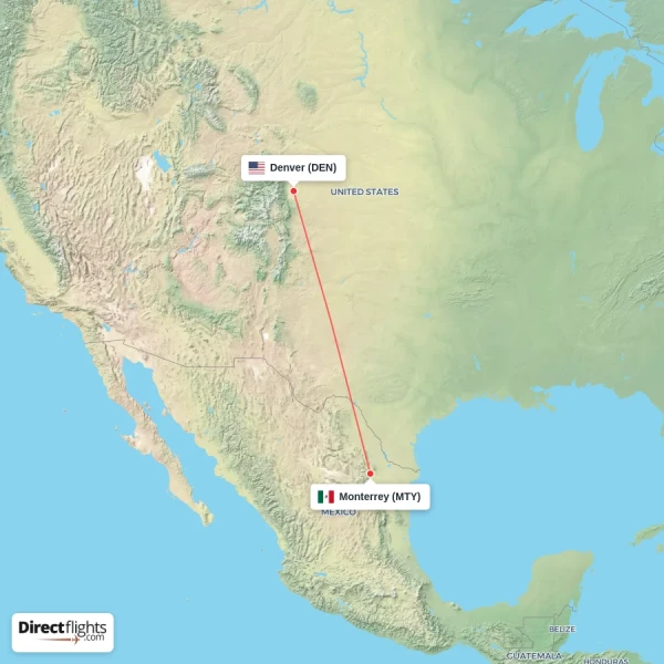 Monterrey - Denver direct flight map