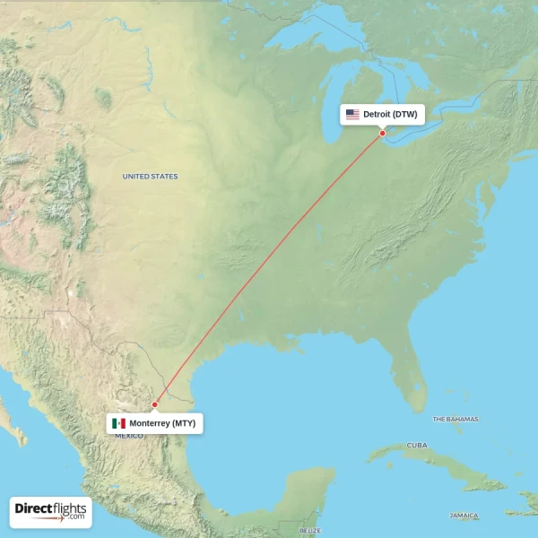 Monterrey - Detroit direct flight map
