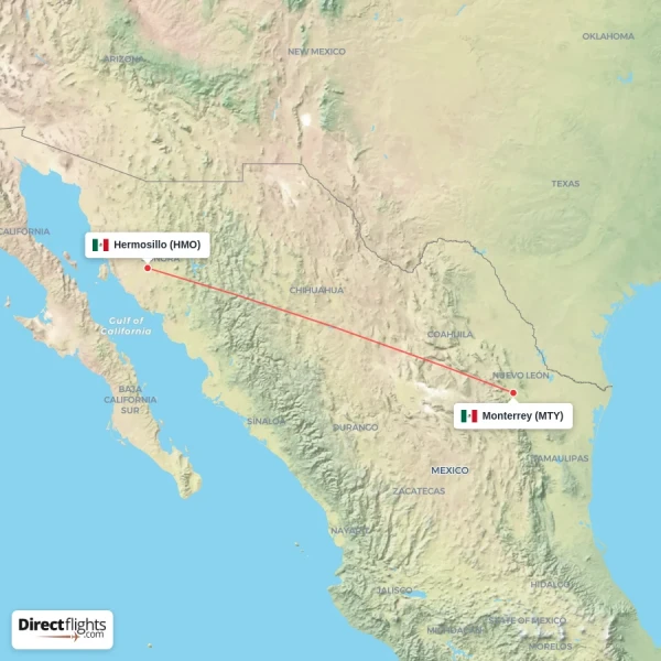Monterrey - Hermosillo direct flight map