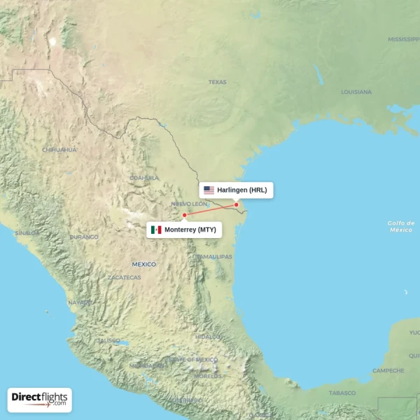 Monterrey - Harlingen direct flight map