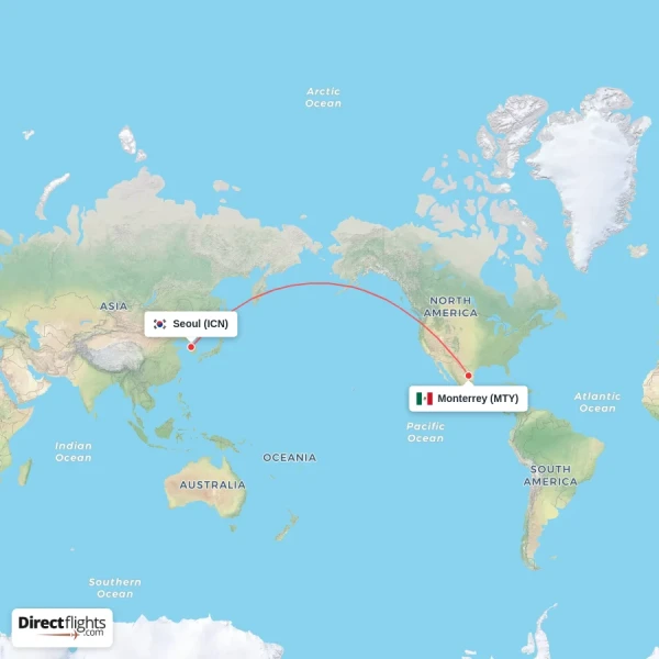 Monterrey - Seoul direct flight map