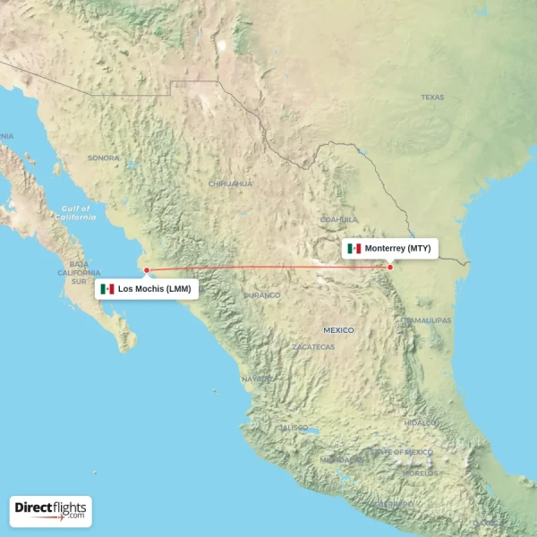 Monterrey - Los Mochis direct flight map