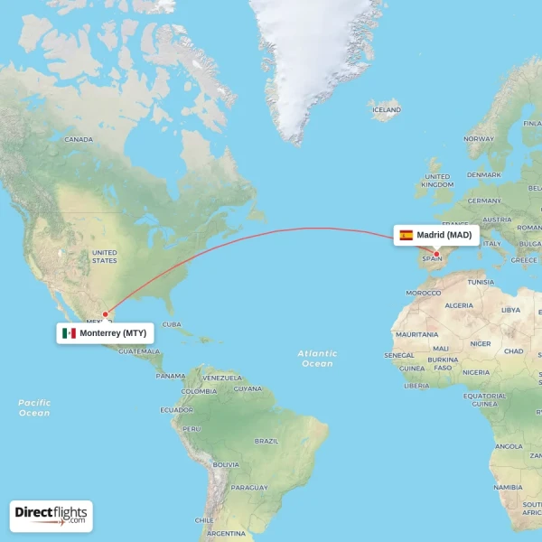 Monterrey - Madrid direct flight map