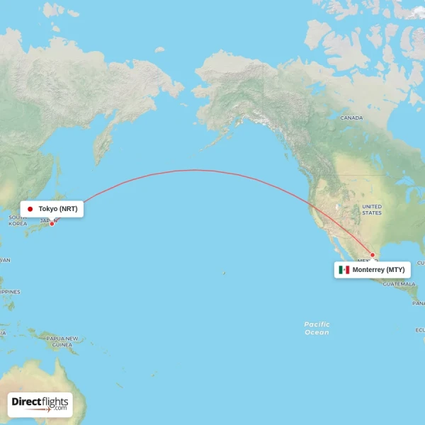 Monterrey - Tokyo direct flight map