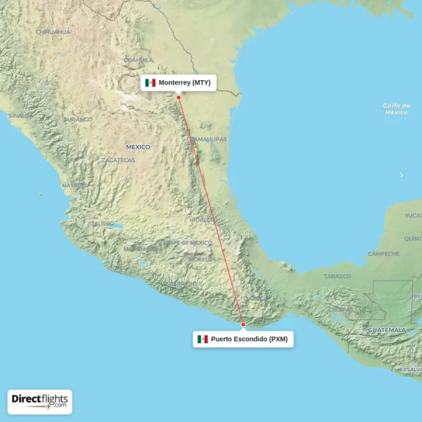 Monterrey - Puerto Escondido direct flight map
