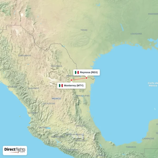 Monterrey - Reynosa direct flight map