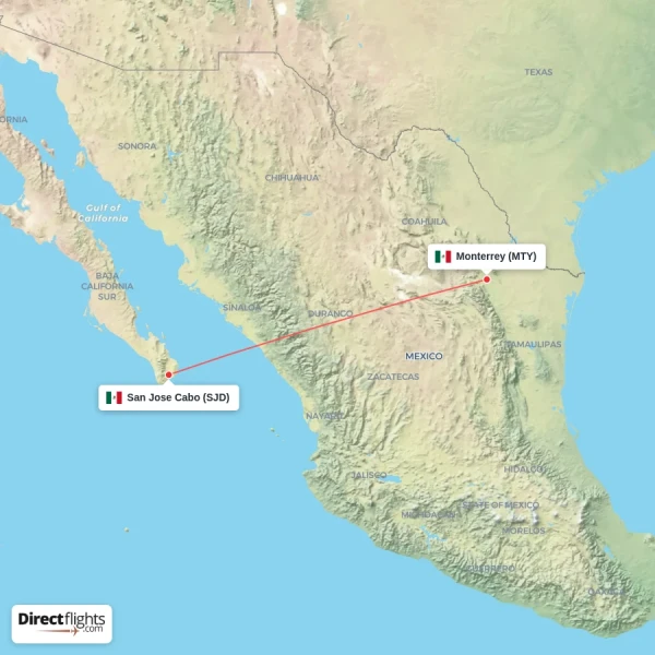 Monterrey - San Jose Cabo direct flight map