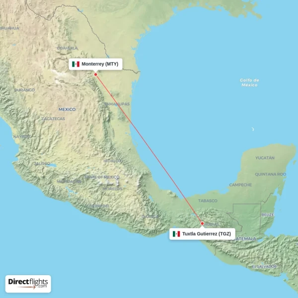 Monterrey - Tuxtla Gutierrez direct flight map