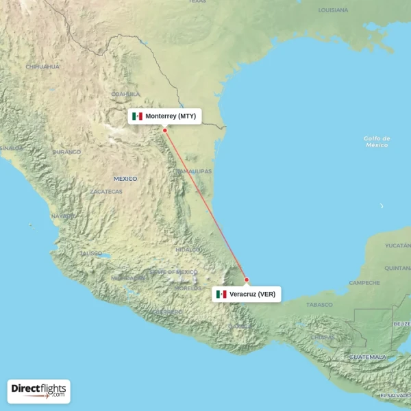 Monterrey - Veracruz direct flight map