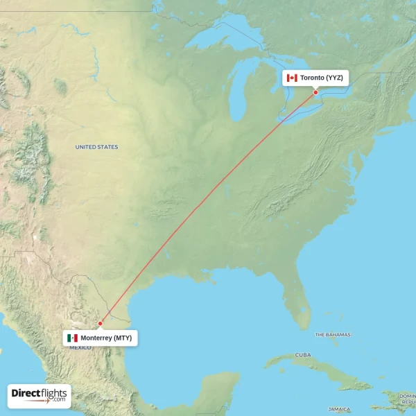Monterrey - Toronto direct flight map