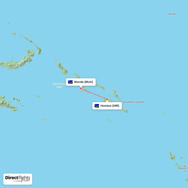 Munda - Honiara direct flight map