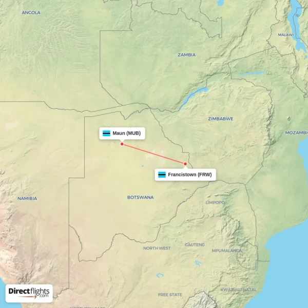 Maun - Francistown direct flight map