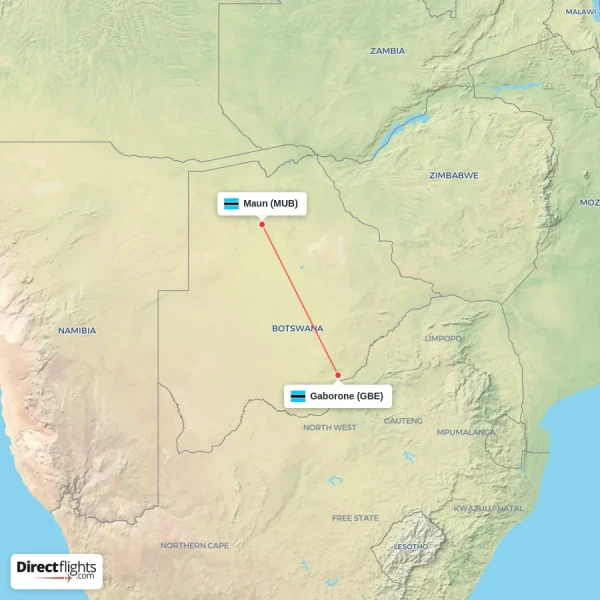 Maun - Gaborone direct flight map