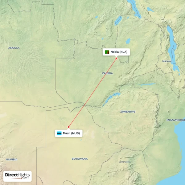 Maun - Ndola direct flight map